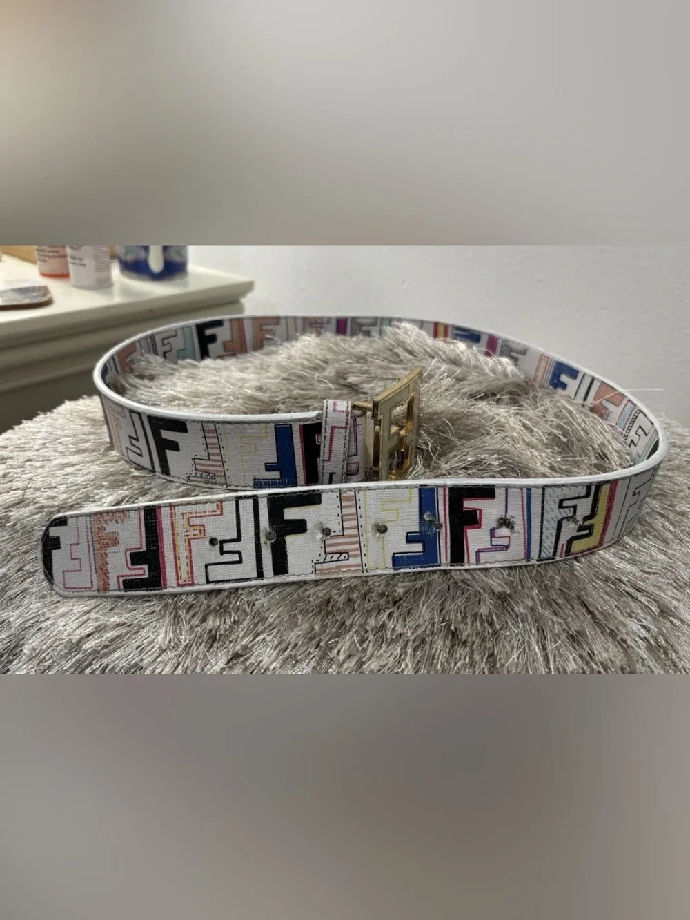 Fendi FF White leather Belt Multicolor Graphic monogram print gold FF buckle